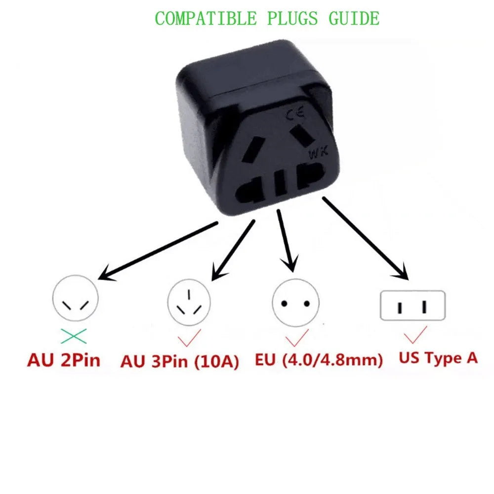 Square three-pin UK to US power adapter in black or white with 13A 250V rating