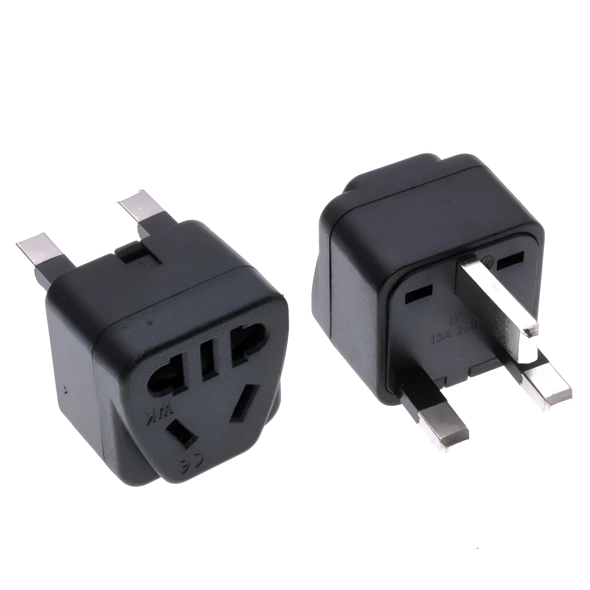 Square three-pin UK to US power adapter in black or white with 13A 250V rating