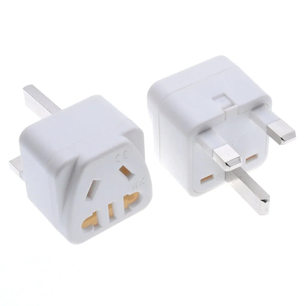 Square three-pin UK to US power adapter in black or white with 13A 250V rating