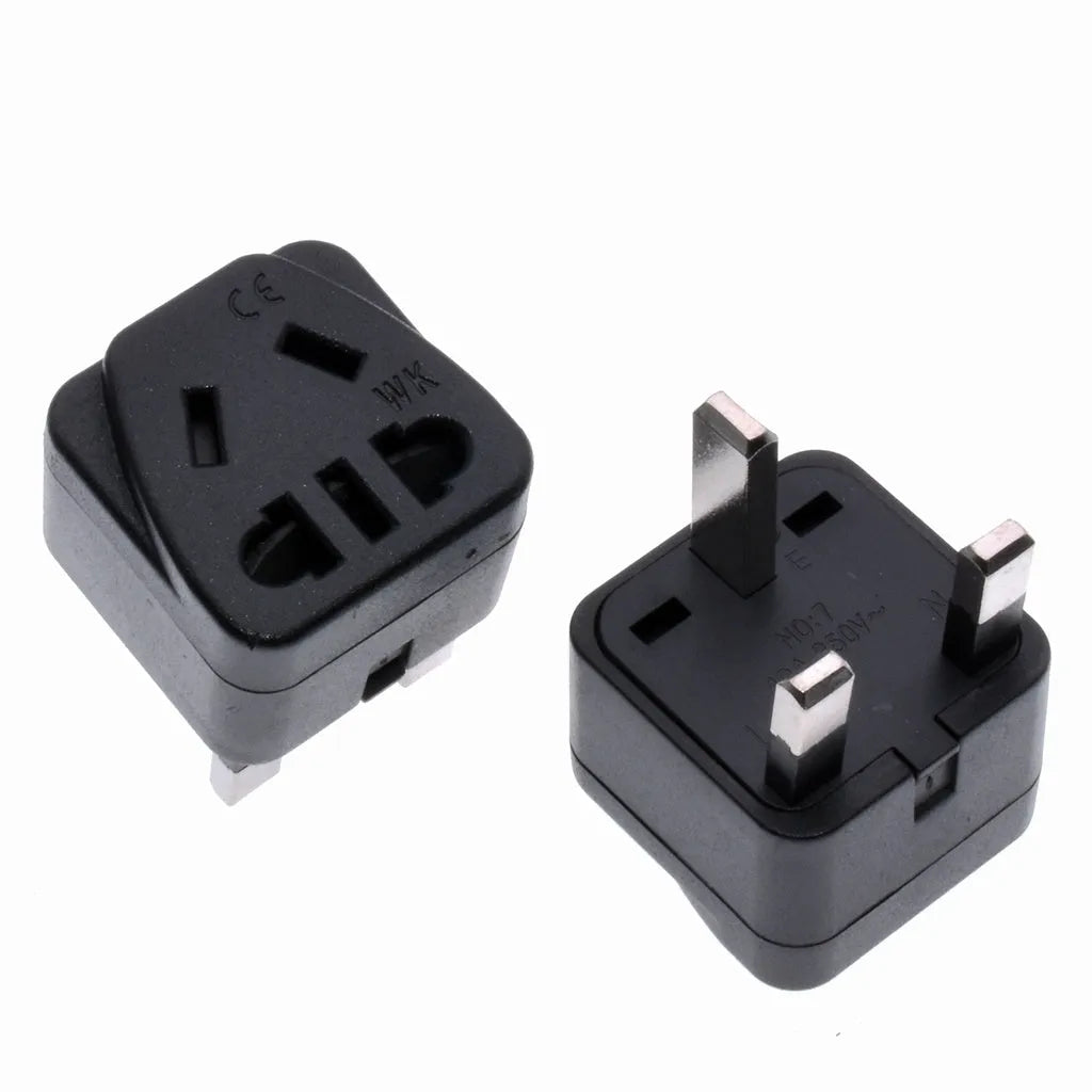 Square three-pin UK to US power adapter in black or white with 13A 250V rating