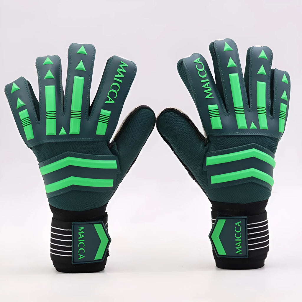 Green latex goalkeeper gloves for football training, sizes 7 to 10, neutral unisex design