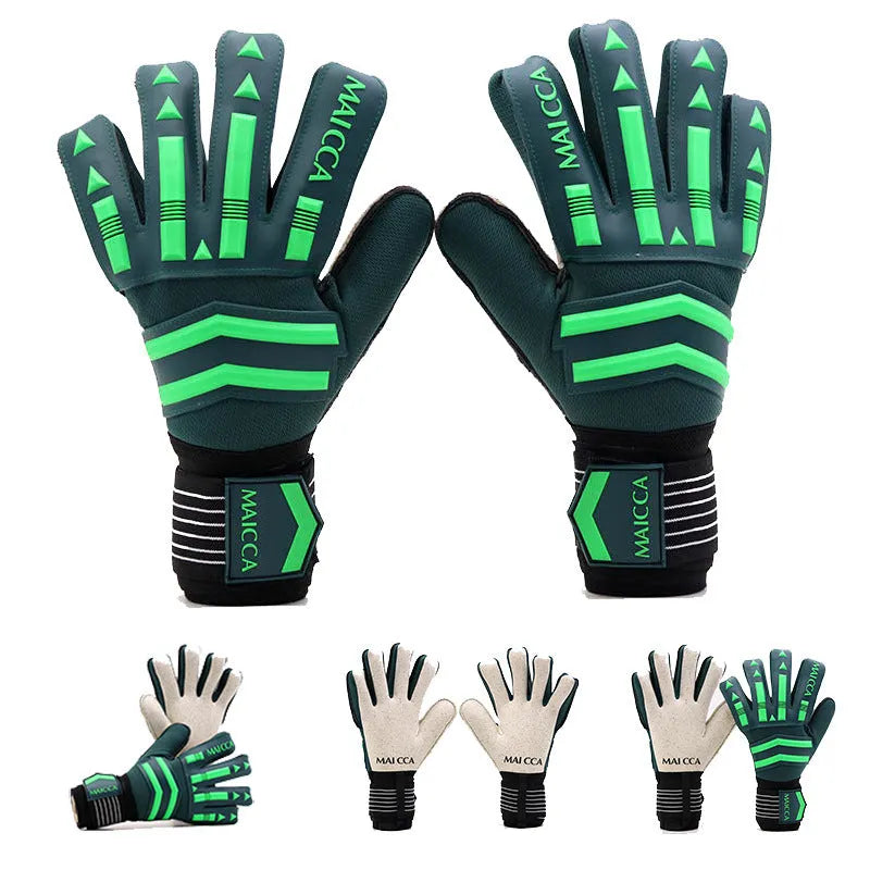 Green latex goalkeeper gloves for football training, sizes 7 to 10, neutral unisex design