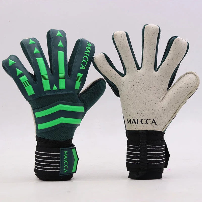 Green latex goalkeeper gloves for football training, sizes 7 to 10, neutral unisex design