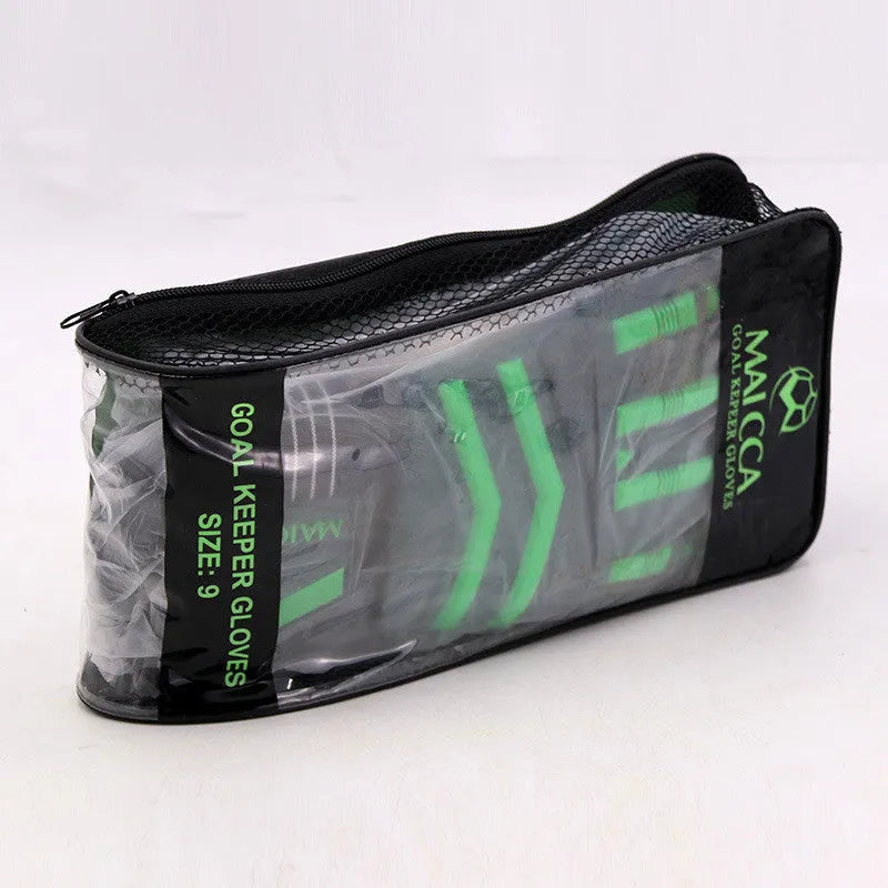 Green latex goalkeeper gloves for football training, sizes 7 to 10, neutral unisex design