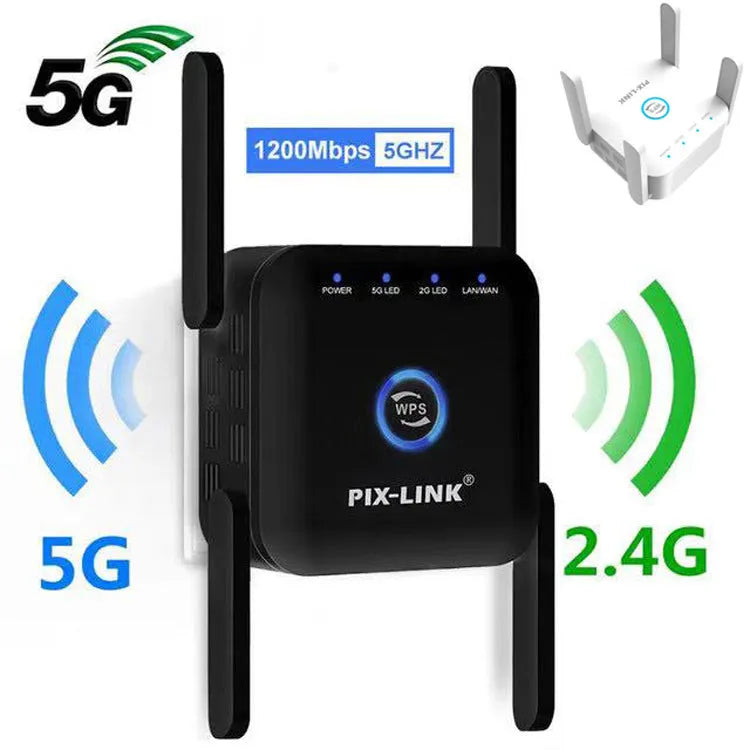 PIXLINK AC24 white and black dual-band wireless WiFi router and range extender unit