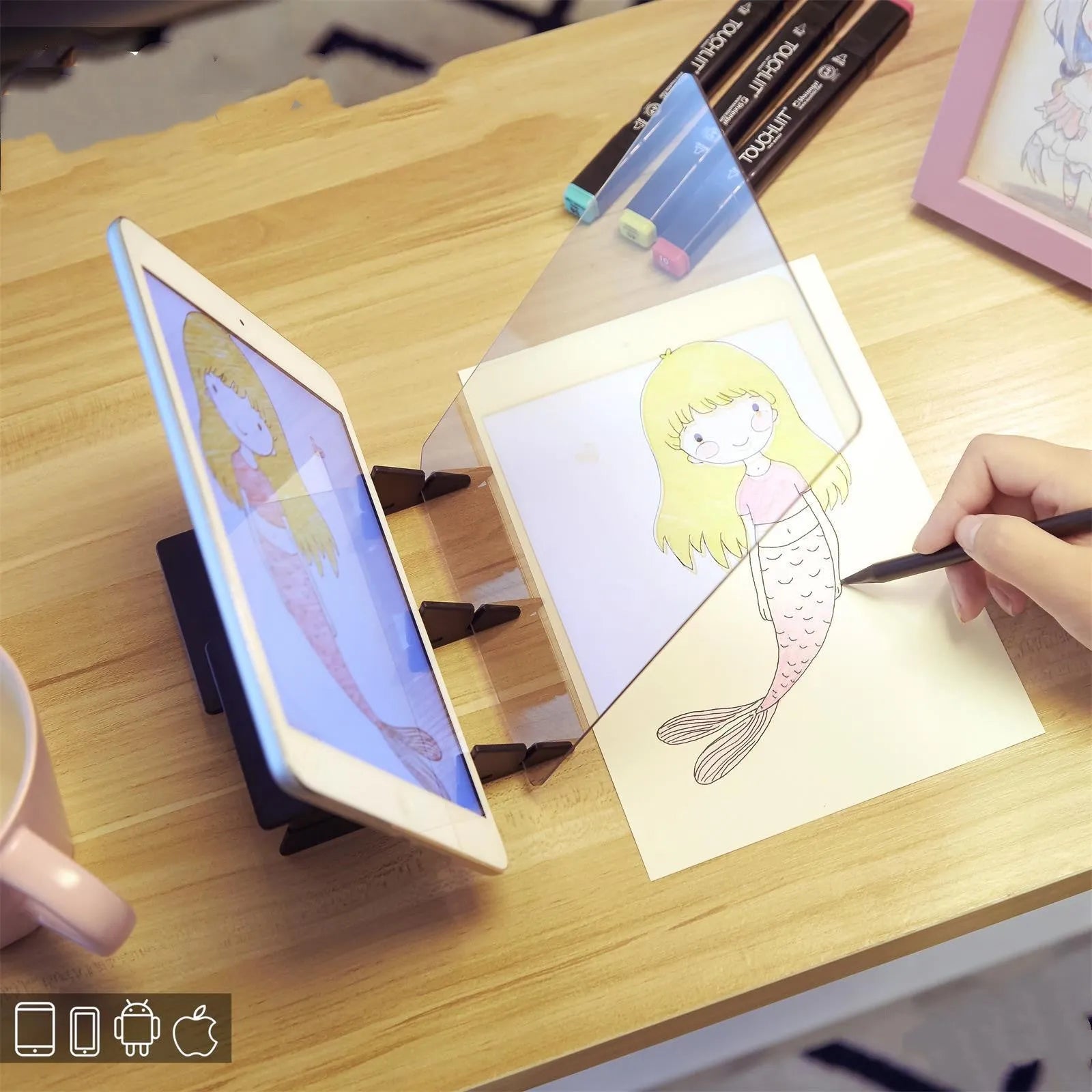 Transparent wooden drawing board art copying station measuring 20.2 by 13.5 centimetres
