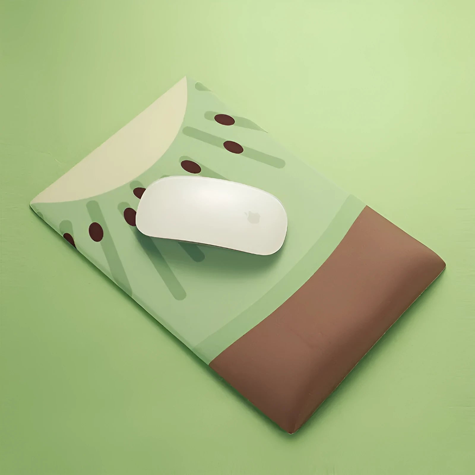 Kiwi fruit themed mouse pad with integrated thick grey gel wrist support cushion.