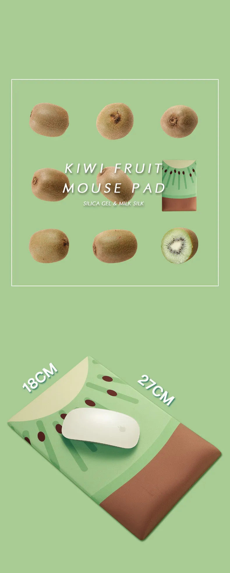 Kiwi fruit themed mouse pad with integrated thick grey gel wrist support cushion.