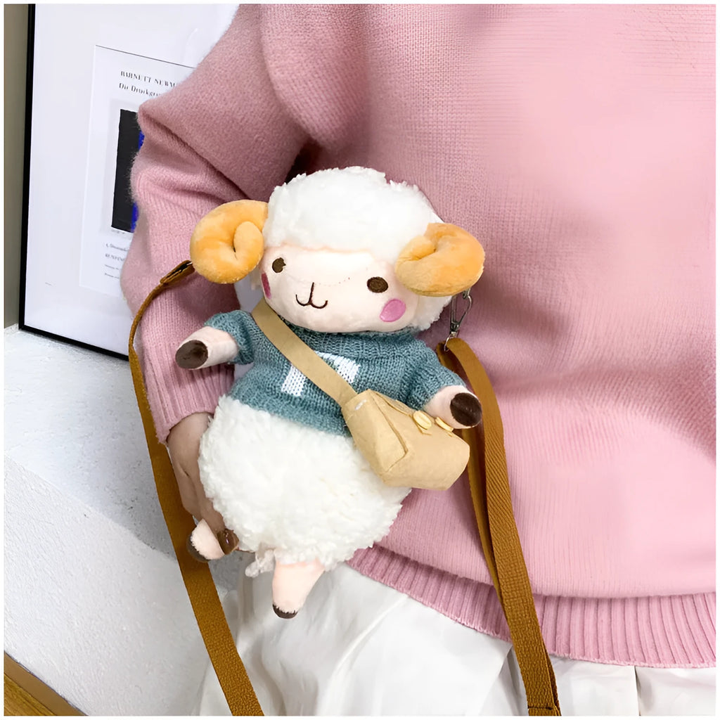 Little Sheep plush crossbody bag in blue with square shape and lamb pattern
