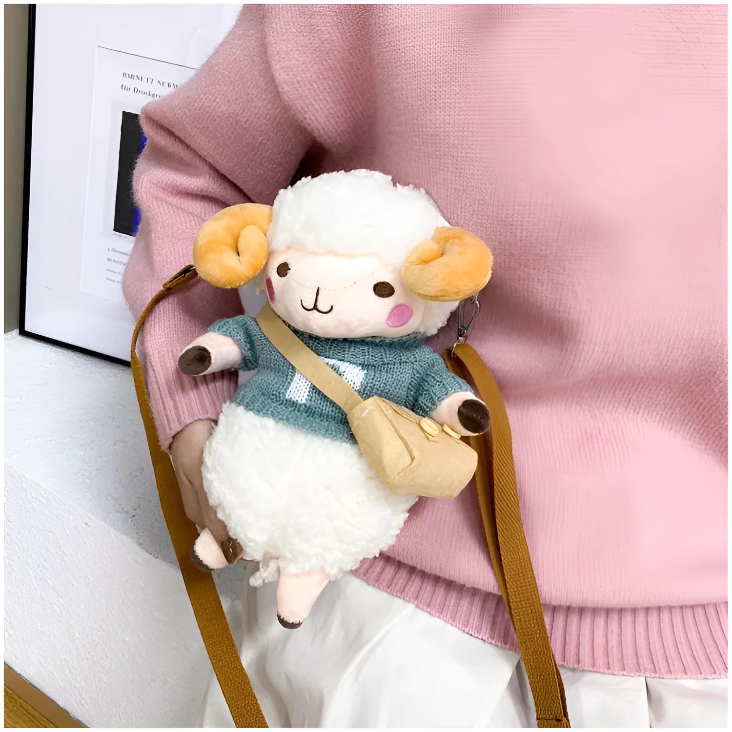 Little Sheep plush crossbody bag in blue with square shape and lamb pattern