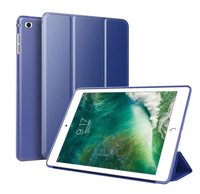 iPad Air 2 in a black TPU clamshell case with the integrated silicone stand deployed.