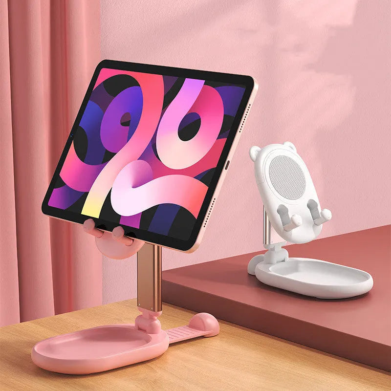 Blue folding aluminium phone tablet stand with mirror for Apple devices on desk