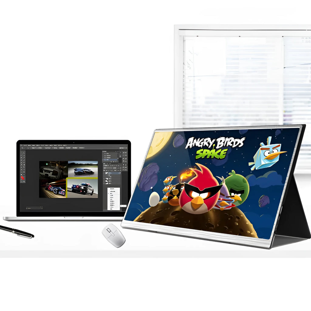 15-inch portable IPS monitor with HDMI cable on dark surface