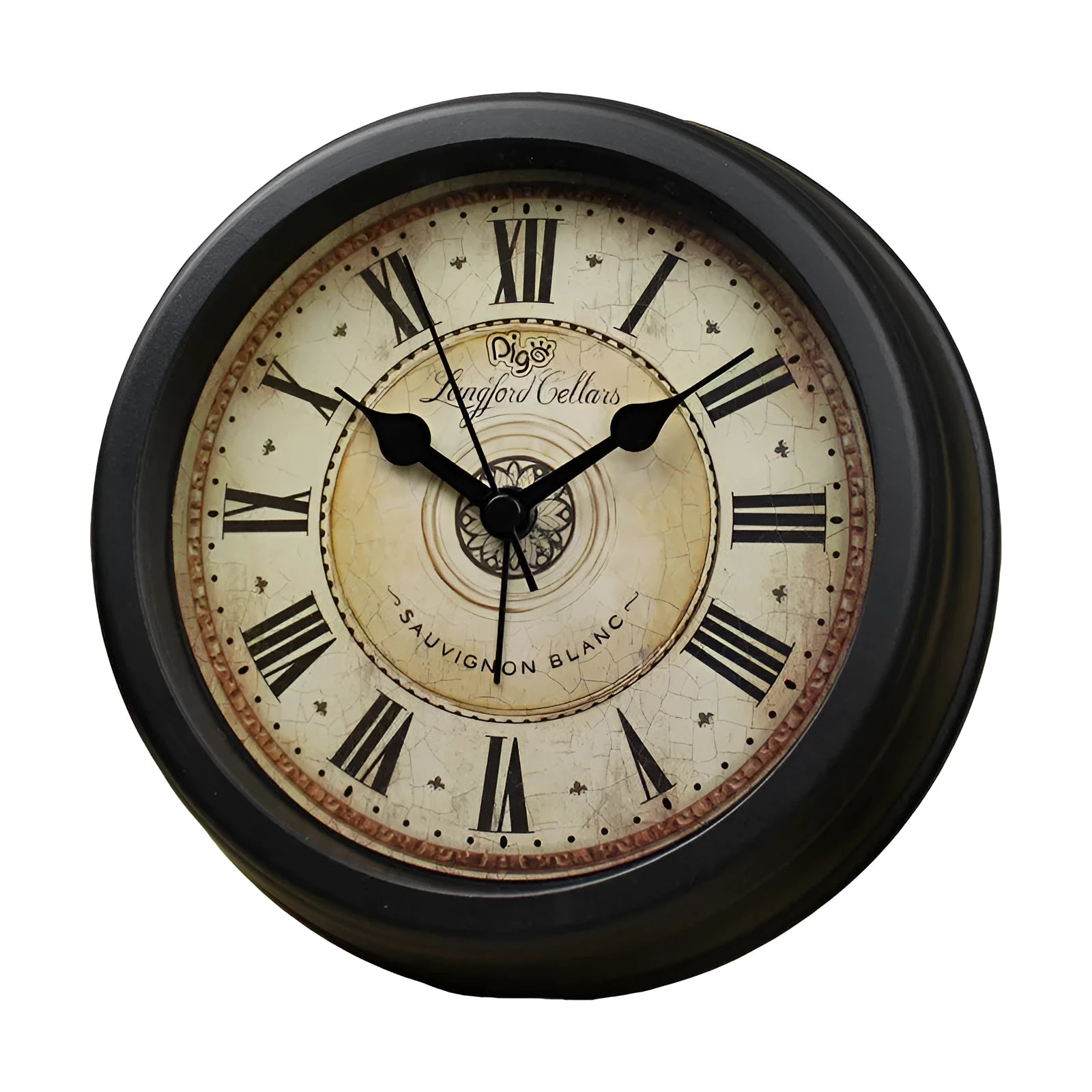 Round European style retro desk clock with silent alarm on a wooden surface.