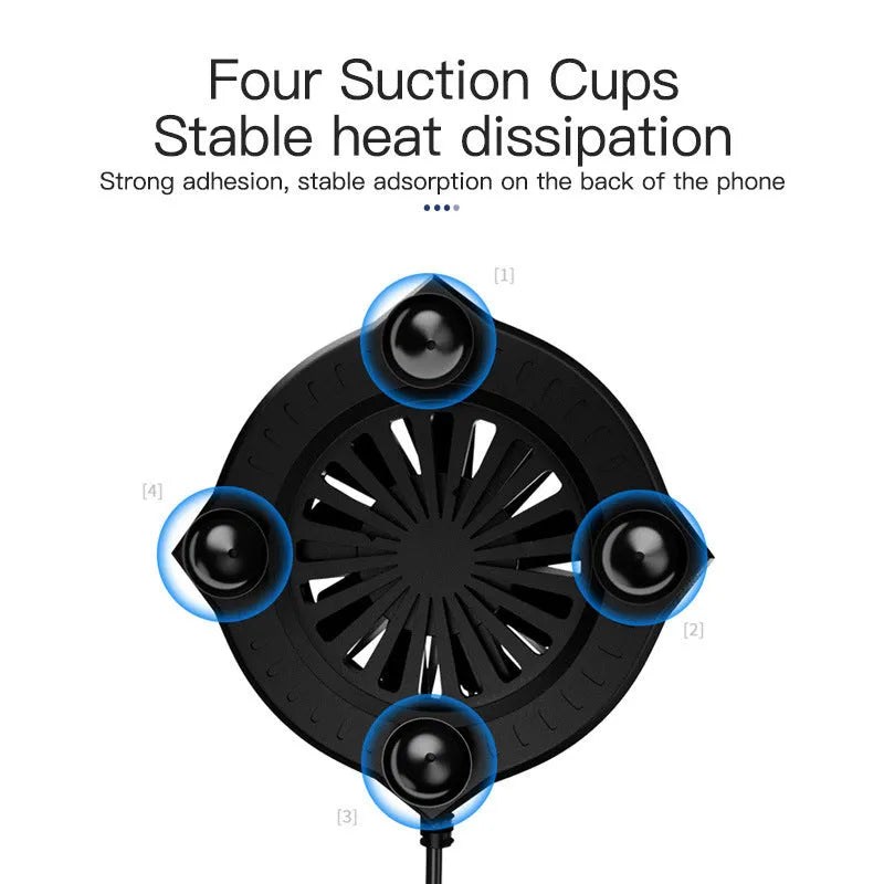 Black smartphone cooling fan with suction cup mount attached to mobile phone