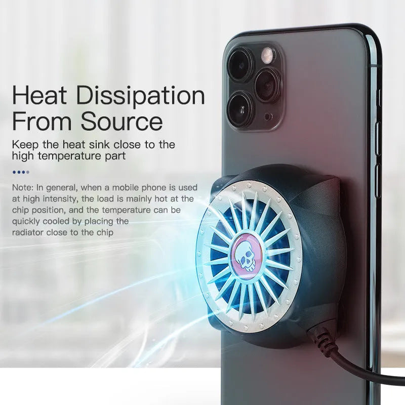 Black smartphone cooling fan with suction cup mount attached to mobile phone
