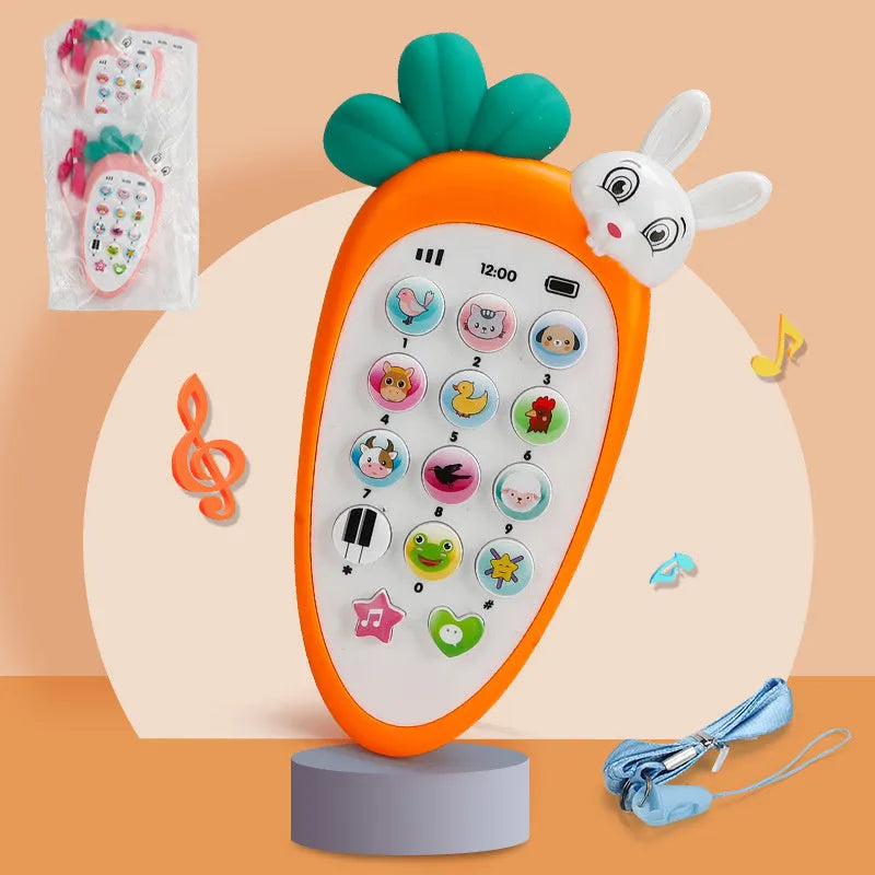 Pink baby electronic phone toy with colourful buttons on a white background