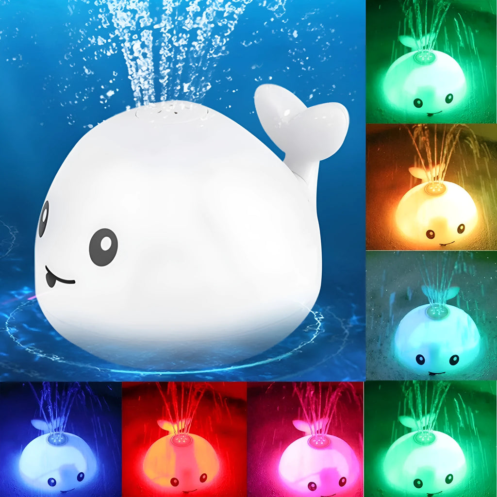 Grey and white whale bath toy with water spray, LED lights, and automatic water-sensing activation