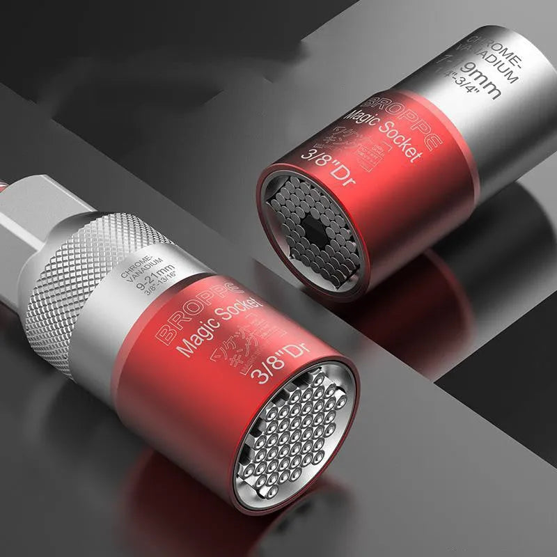 Red metric socket set with 7-19mm and 9-21mm universal adapters and wrench socket
