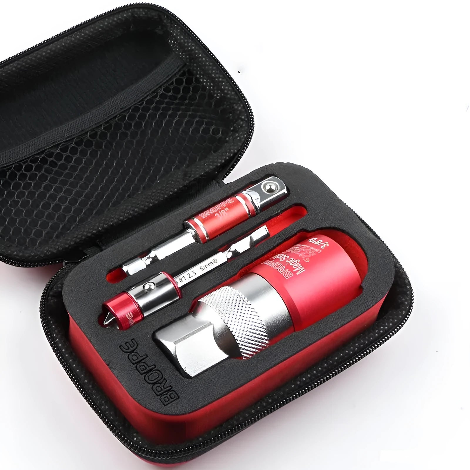 Red metric socket set with 7-19mm and 9-21mm universal adapters and wrench socket