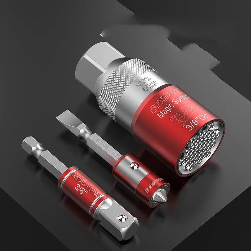 Red metric socket set with 7-19mm and 9-21mm universal adapters and wrench socket
