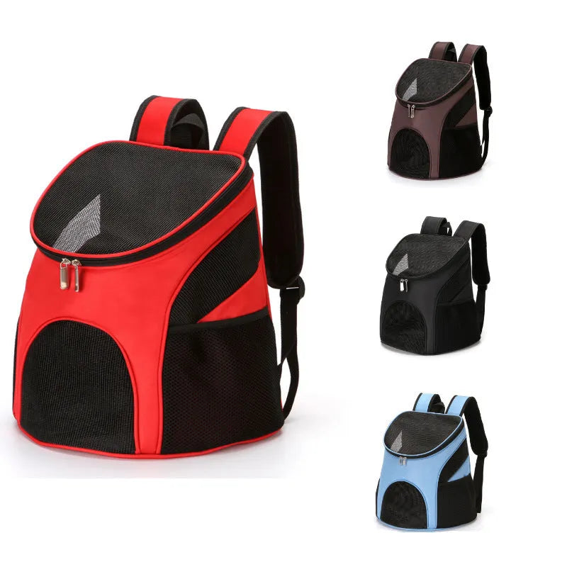 Portable pet backpack for cats and small dogs in red, black, brown, or blue colours with medium-soft construction