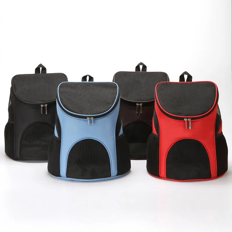 Portable pet backpack for cats and small dogs in red, black, brown, or blue colours with medium-soft construction