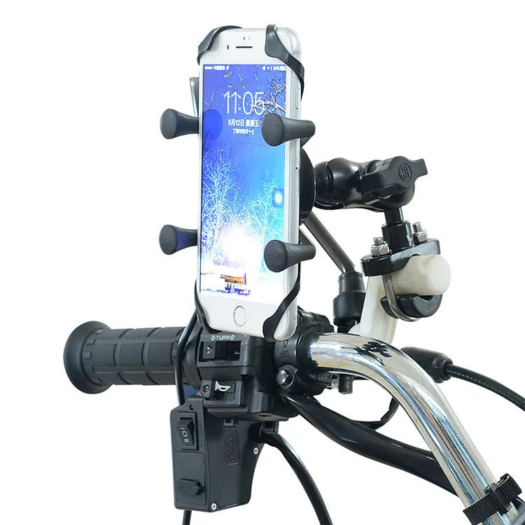 Black aluminium alloy motorcycle phone mount attached to a handlebar, holding a smartphone.