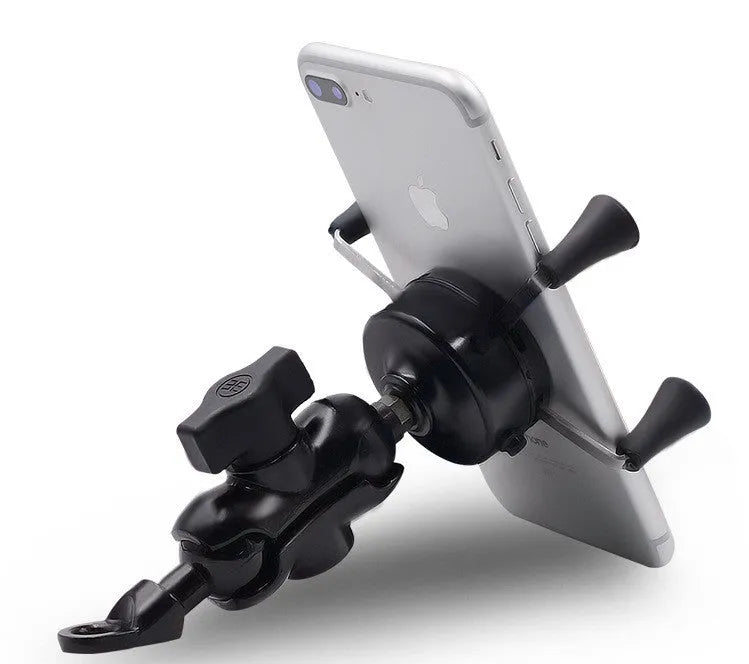 Black aluminium alloy motorcycle phone mount attached to a handlebar, holding a smartphone.
