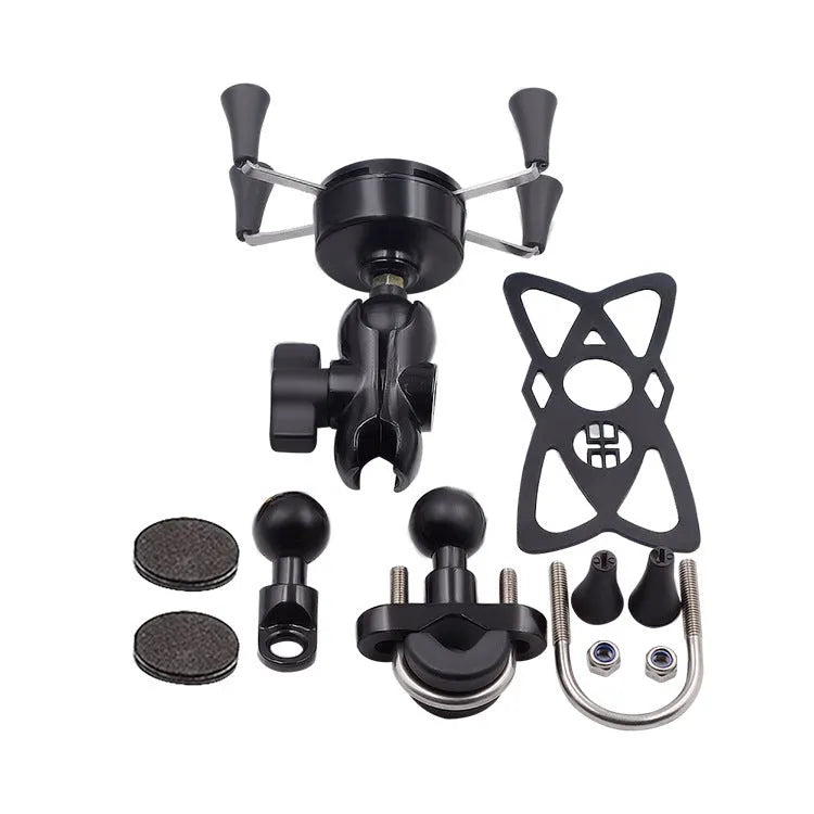 Black aluminium alloy motorcycle phone mount attached to a handlebar, holding a smartphone.