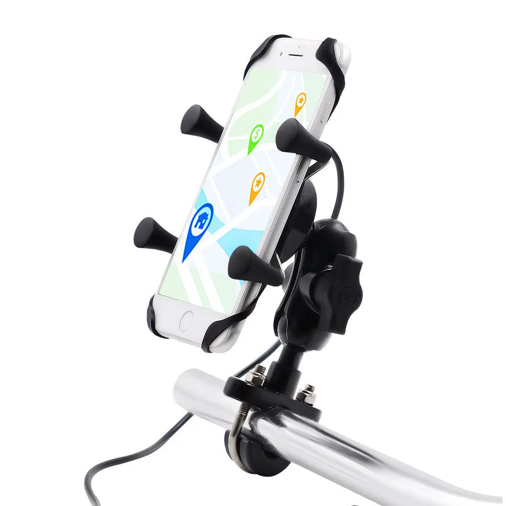 Black aluminium alloy motorcycle phone mount attached to a handlebar, holding a smartphone.