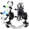 Black aluminium alloy motorcycle phone mount attached to a handlebar, holding a smartphone.