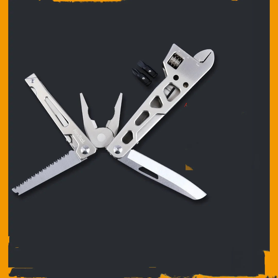 White stainless steel multi-function tool showing wrench, knife, and needle nose pliers components.