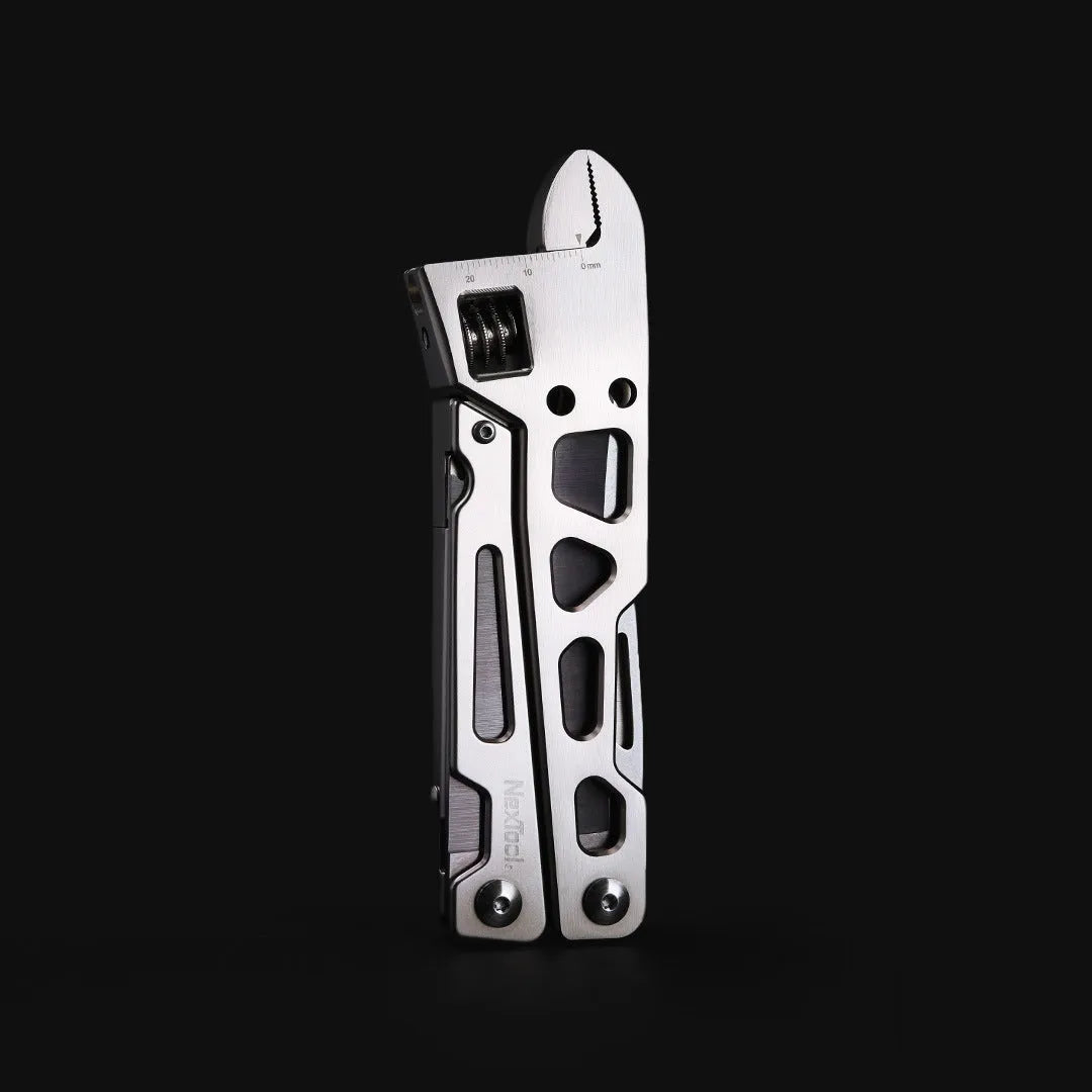 White stainless steel multi-function tool showing wrench, knife, and needle nose pliers components.