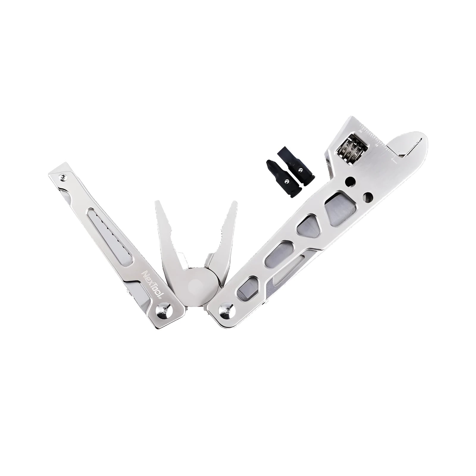 White stainless steel multi-function tool showing wrench, knife, and needle nose pliers components.