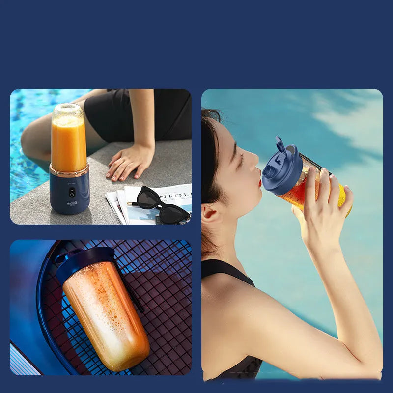 Portable dark blue blender and juicer with six blades, USB charging cable, and 400ml plastic cup.