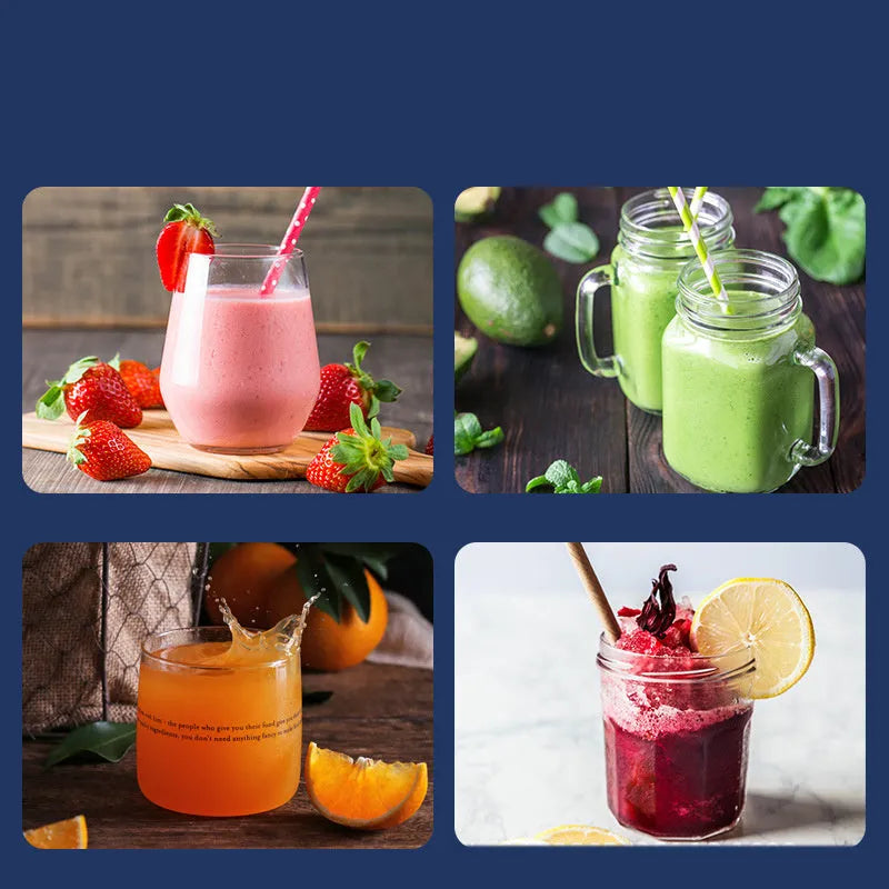 Portable dark blue blender and juicer with six blades, USB charging cable, and 400ml plastic cup.