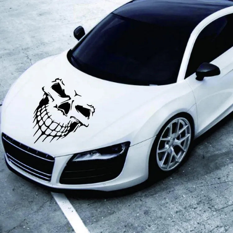 Skull head reflective car sticker on hood, 40x35cm PET decal in black