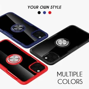 Black iPhone 11 Pro Max phone case with integrated car holder arm, showing port access and textured grip.