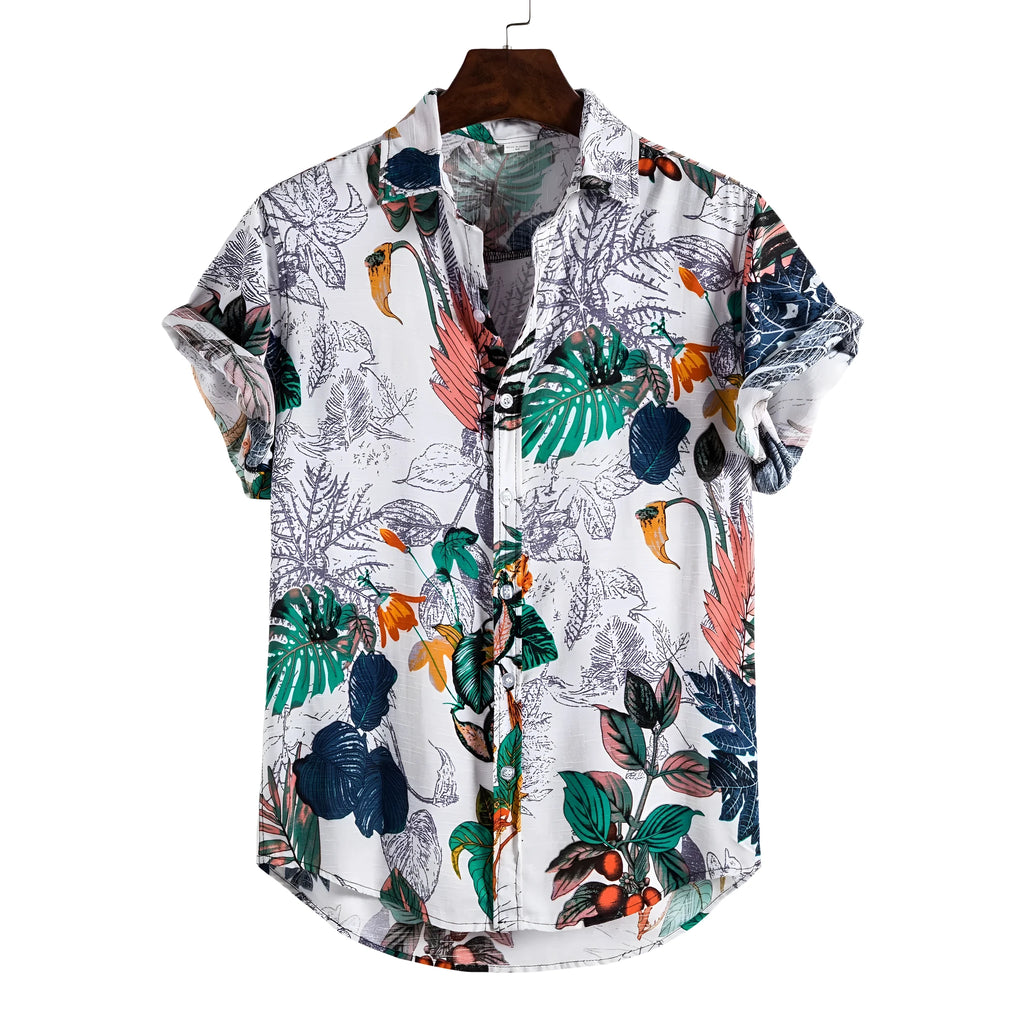 Plus size men's casual short-sleeved floral shirt in cotton with stand-up collar, flower colour