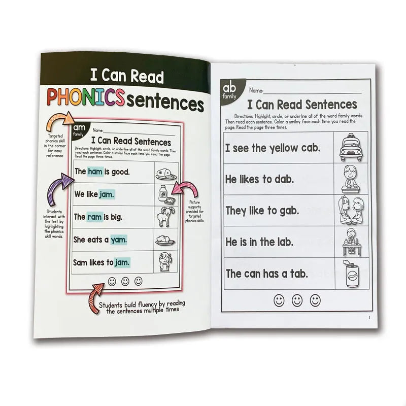 Children's phonics reading worksheet showing English language exercises for age 6+