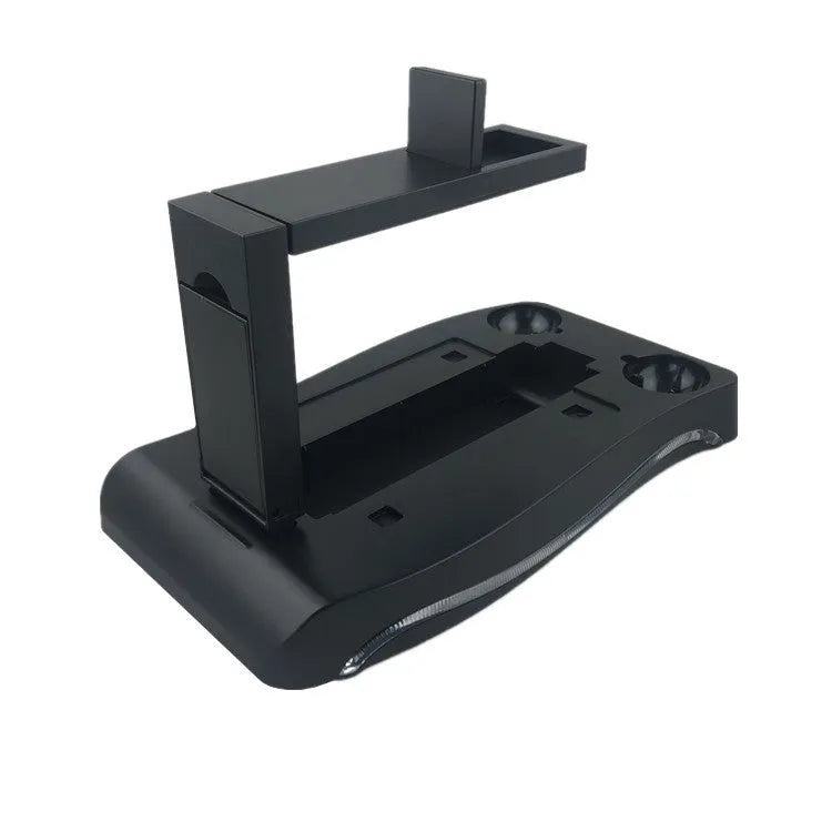Black ABS plastic charging base dock for a PlayStation 4 VR game controller.