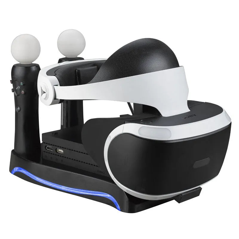 Black ABS plastic charging base dock for a PlayStation 4 VR game controller.