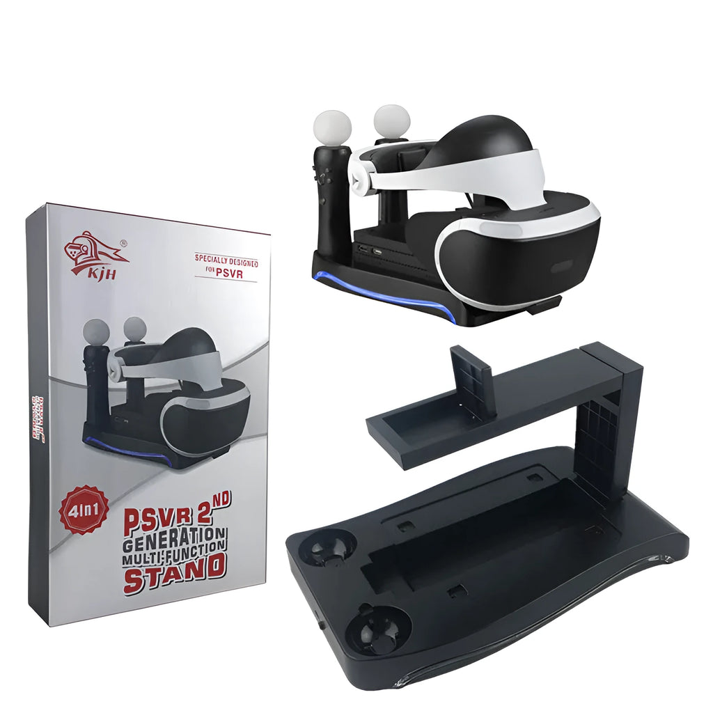 Black ABS plastic charging base dock for a PlayStation 4 VR game controller.