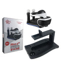 Black ABS plastic charging base dock for a PlayStation 4 VR game controller.