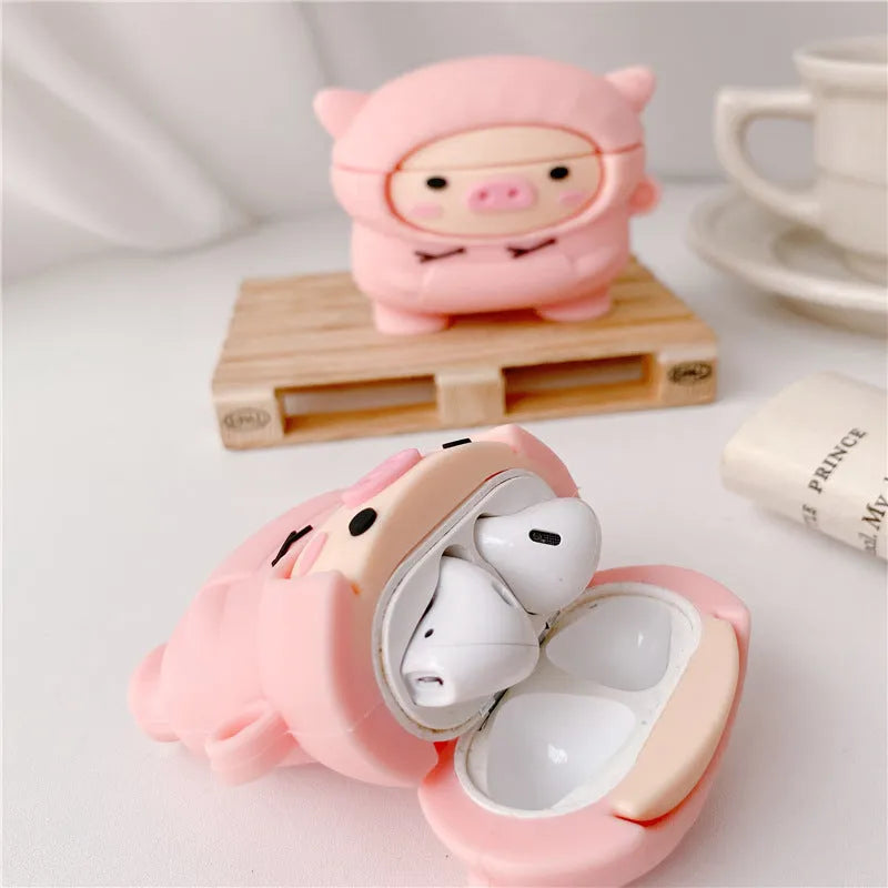 Pink pig cartoon silicone AirPods case with hook for AirPods 1 2 Pro models