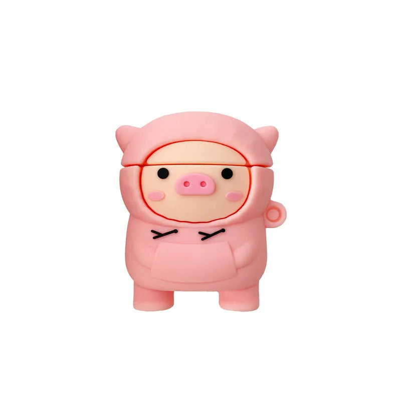Pink pig cartoon silicone AirPods case with hook for AirPods 1 2 Pro models