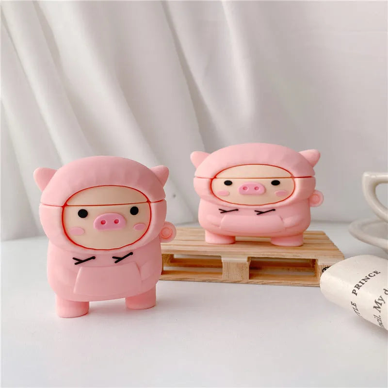 Pink pig cartoon silicone AirPods case with hook for AirPods 1 2 Pro models