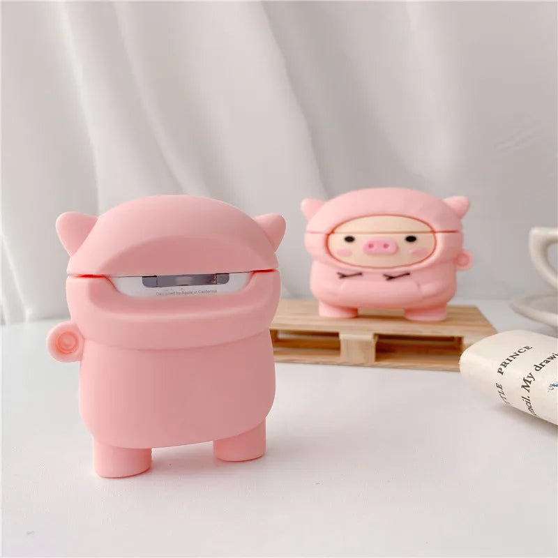 Pink pig cartoon silicone AirPods case with hook for AirPods 1 2 Pro models