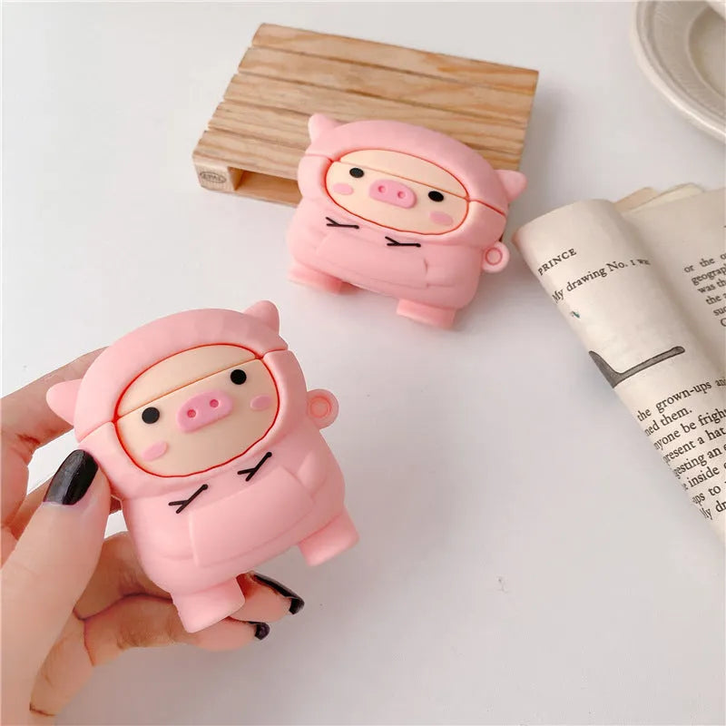 Pink pig cartoon silicone AirPods case with hook for AirPods 1 2 Pro models